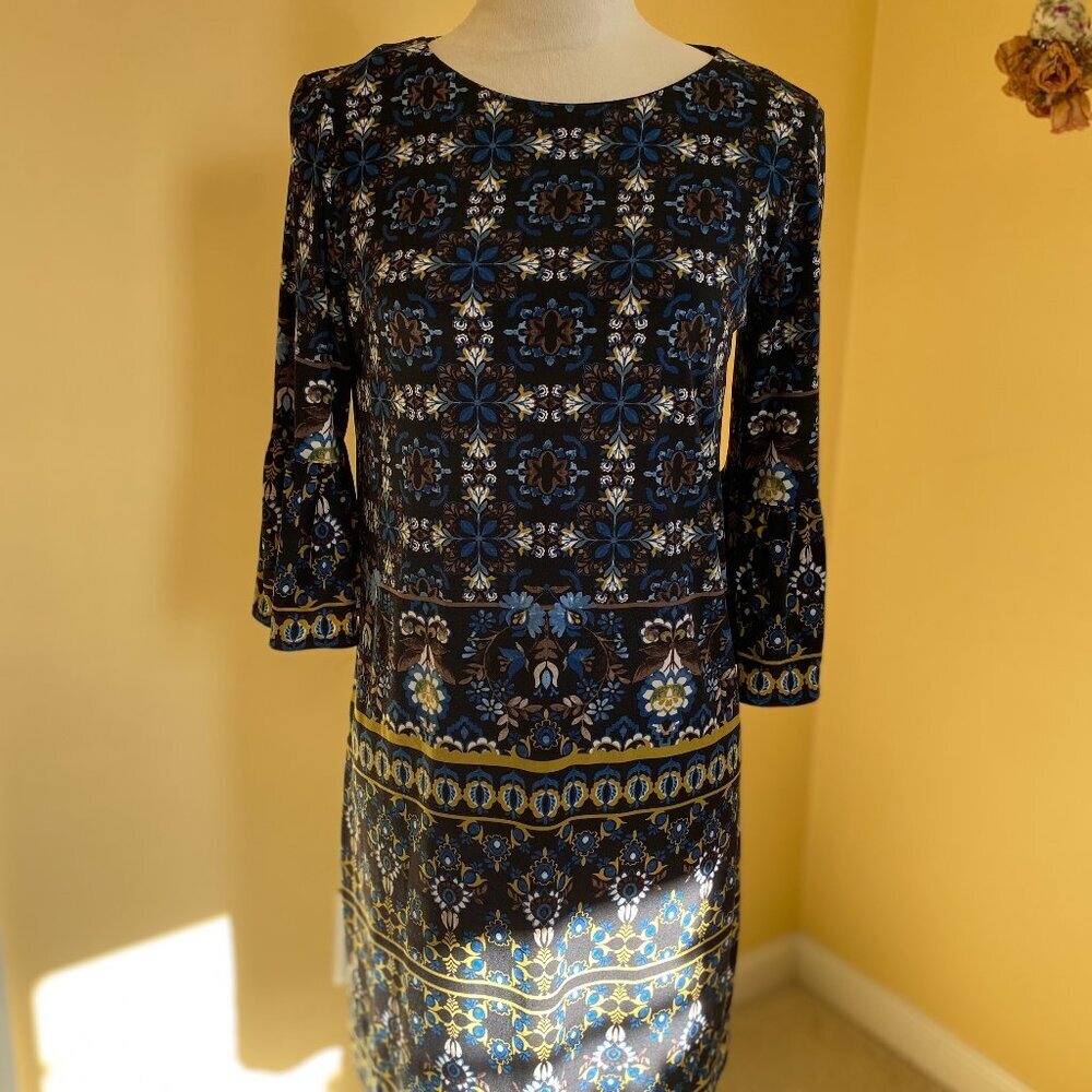 LONDON TIMES Blue Floral Bell Sleeve Dress Size 4P - Picture 2 of 6